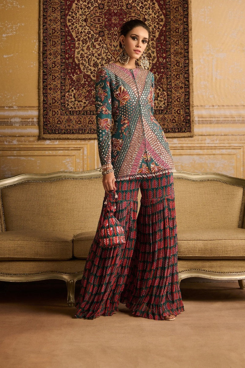 Teal Highlighted Jacket And  Gharara Pants