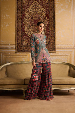 Teal Highlighted Jacket And  Gharara Pants