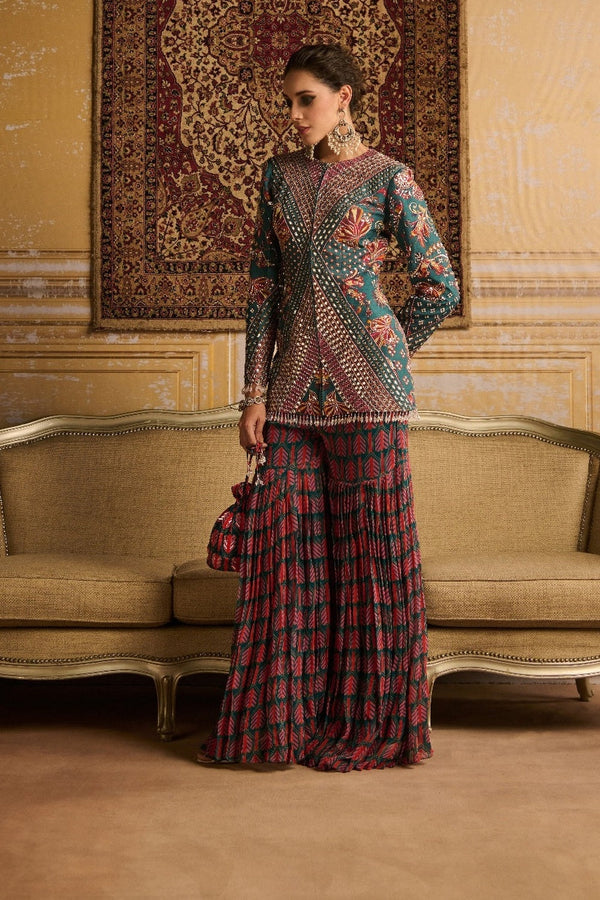 Teal Highlighted Jacket And  Gharara Pants