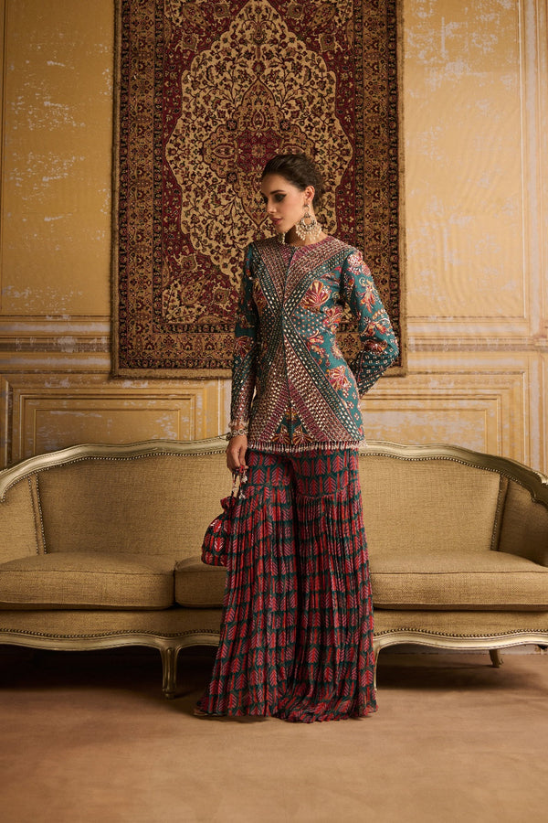 Teal Highlighted Jacket And  Gharara Pants