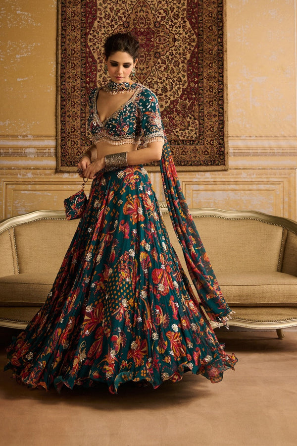 Teal  Embroidered Blouse And Lehenga Set