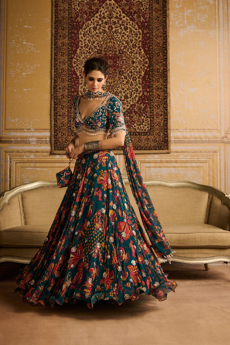 Teal  Embroidered Blouse And Lehenga Set