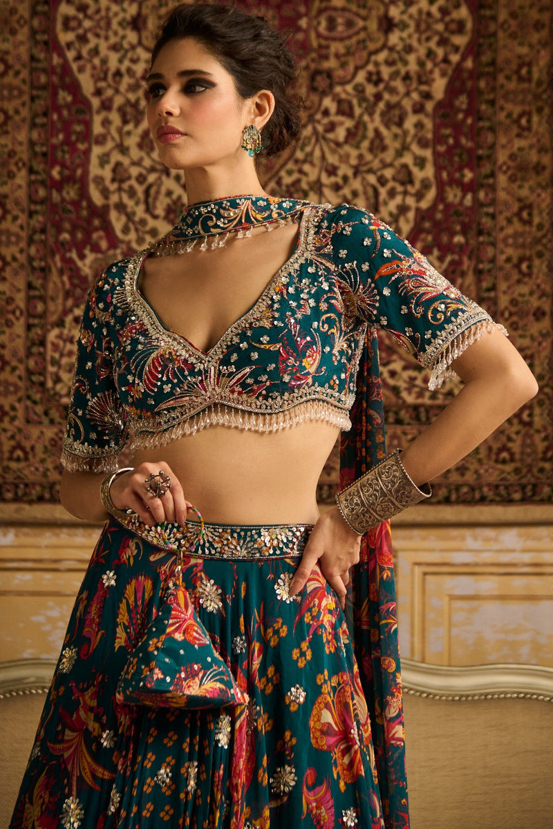 Teal  Embroidered Blouse And Lehenga Set