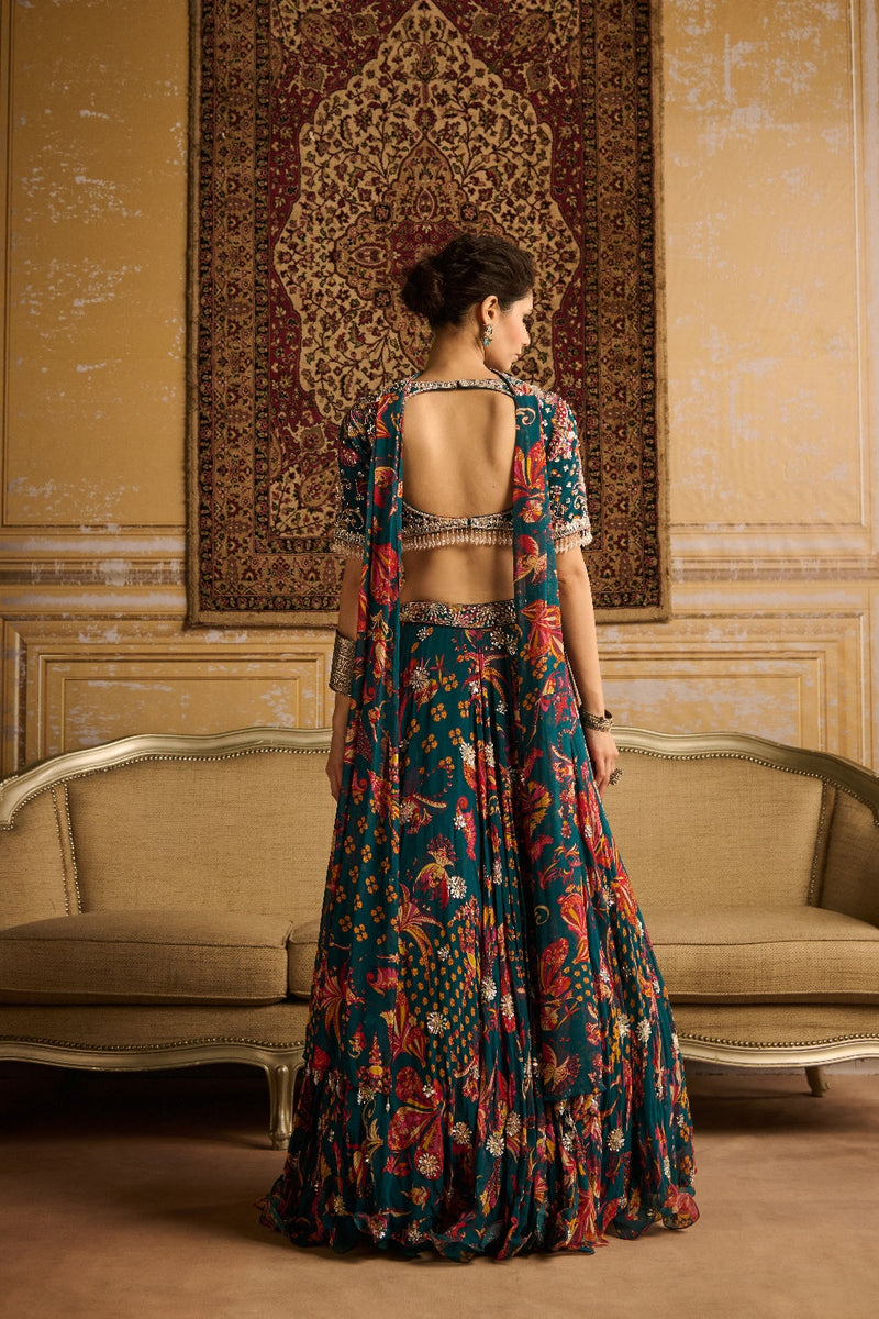 Teal  Embroidered Blouse And Lehenga Set