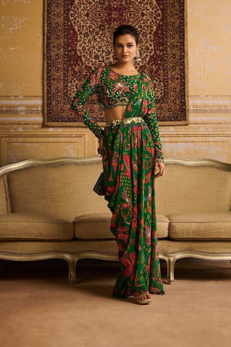 Dark Green Embroidered Blouse And Pant Saree Set