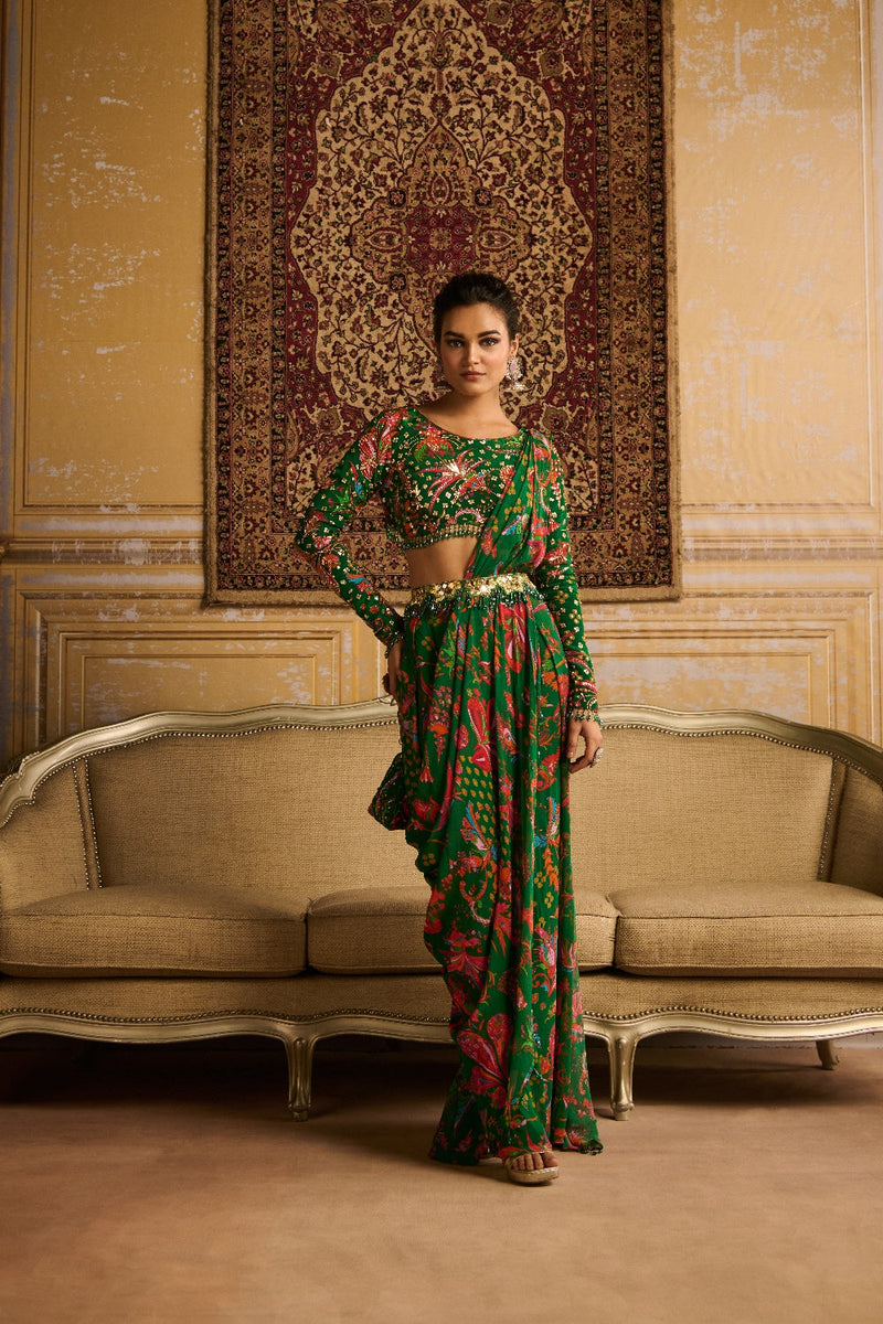 Dark Green Embroidered Blouse And Pant Saree Set