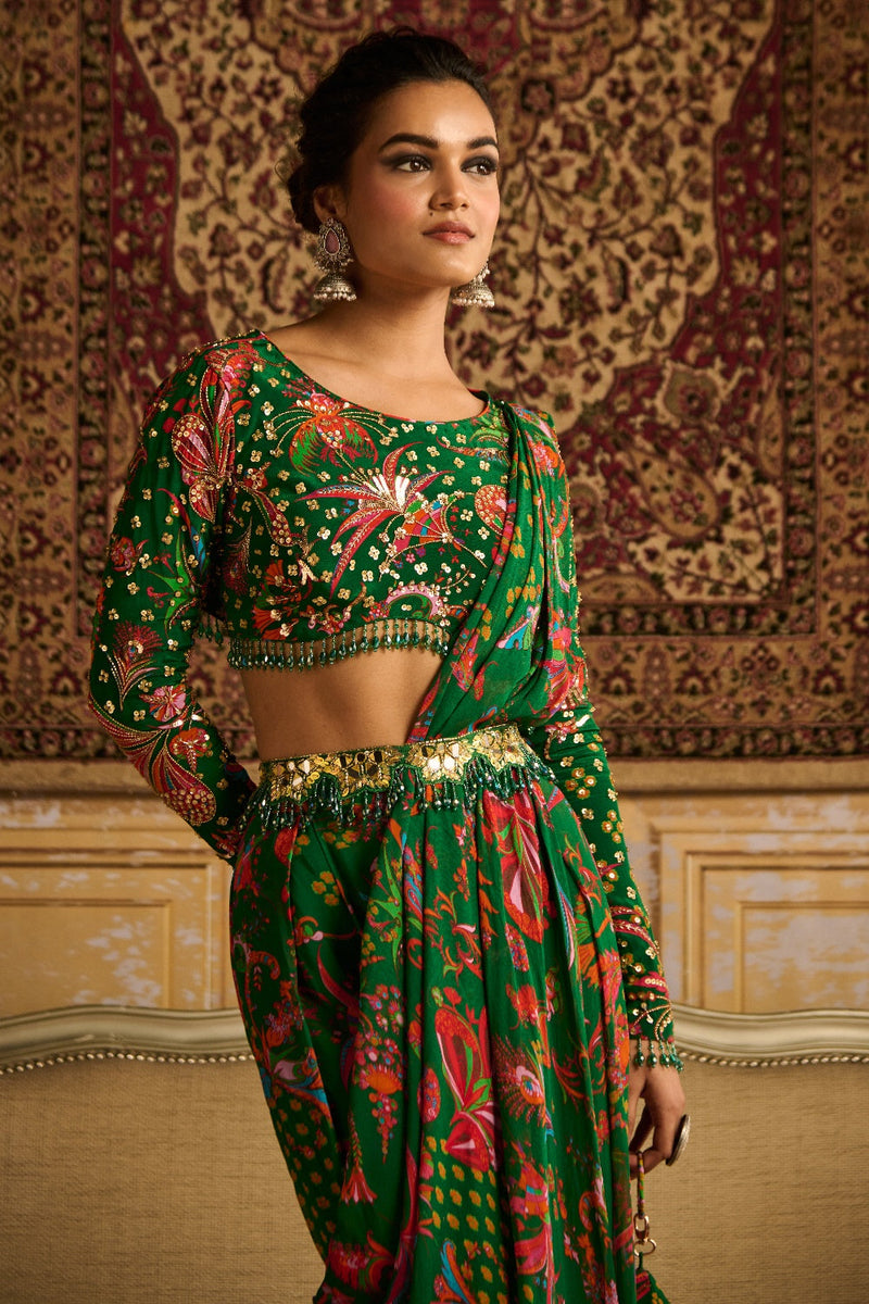 Dark Green Embroidered Blouse And Pant Saree Set