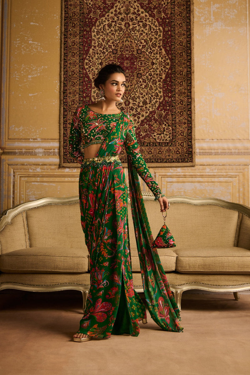 Dark Green Embroidered Blouse And Pant Saree Set