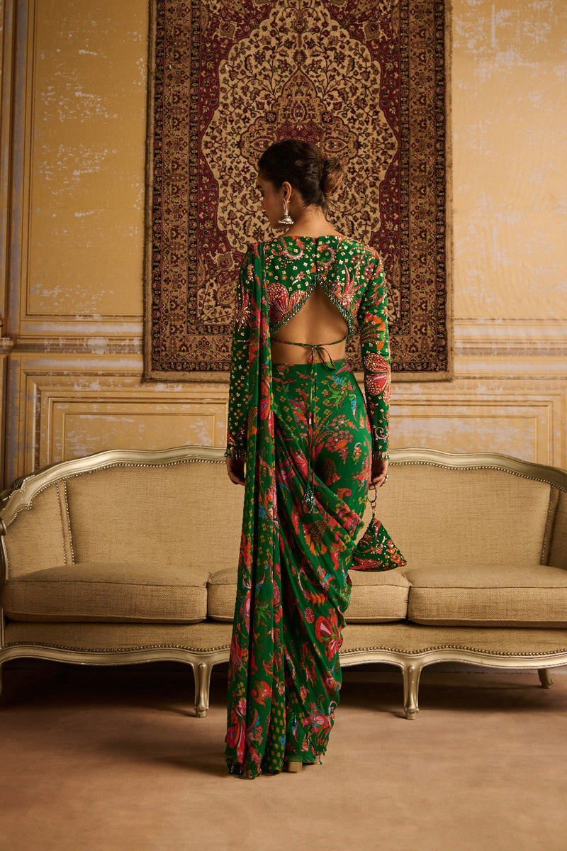 Dark Green Embroidered Blouse And Pant Saree Set