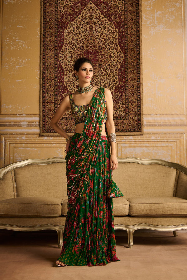 Dark Green Highlight Blouse And Highlighted Tiered Skirt Saree Set