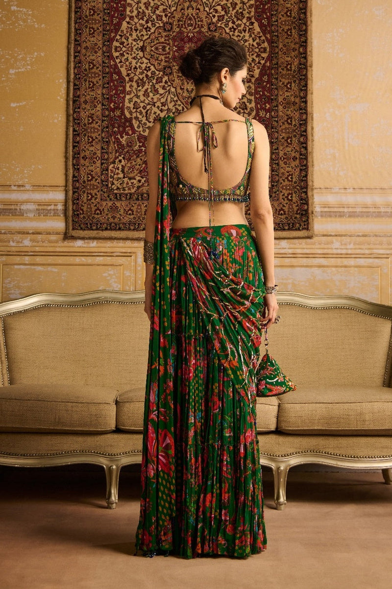 Dark Green Highlight Blouse And Highlighted Tiered Skirt Saree Set