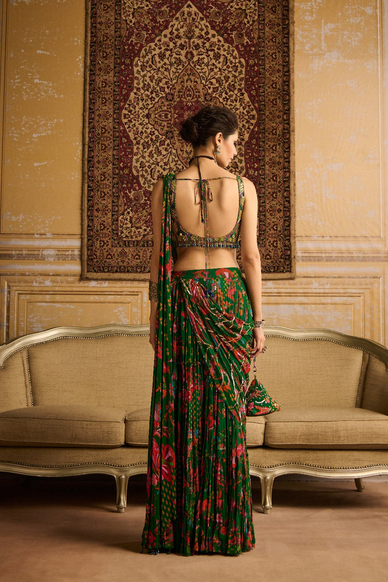 Dark Green Highlight Blouse And Highlighted Tiered Skirt Saree Set