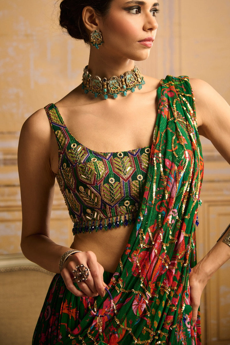 Dark Green Highlight Blouse And Highlighted Tiered Skirt Saree Set