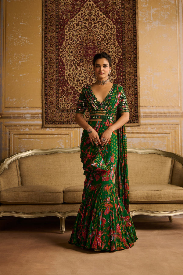 Dark Green Embroidered Blouse And Mermaid Saree Set