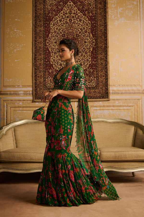 Dark Green Embroidered Blouse And Mermaid Saree Set