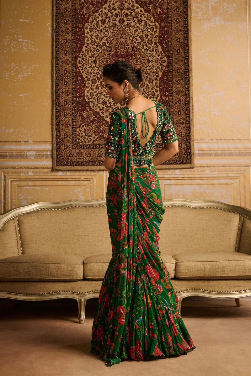 Dark Green Embroidered Blouse And Mermaid Saree Set