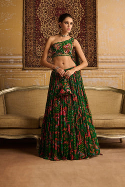 Dark Green Embroidered Blouse And Lehenga Set