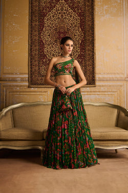 Dark Green Embroidered Blouse And Lehenga Set