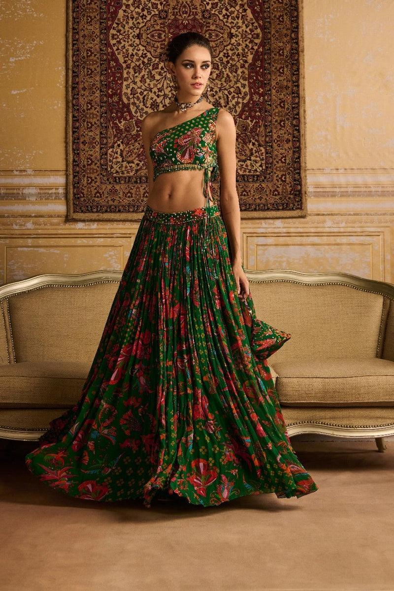 Dark Green Embroidered Blouse And Lehenga Set