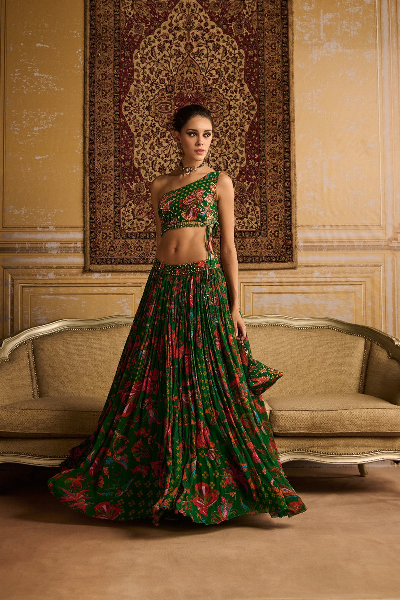 Dark Green Embroidered Blouse And Lehenga Set