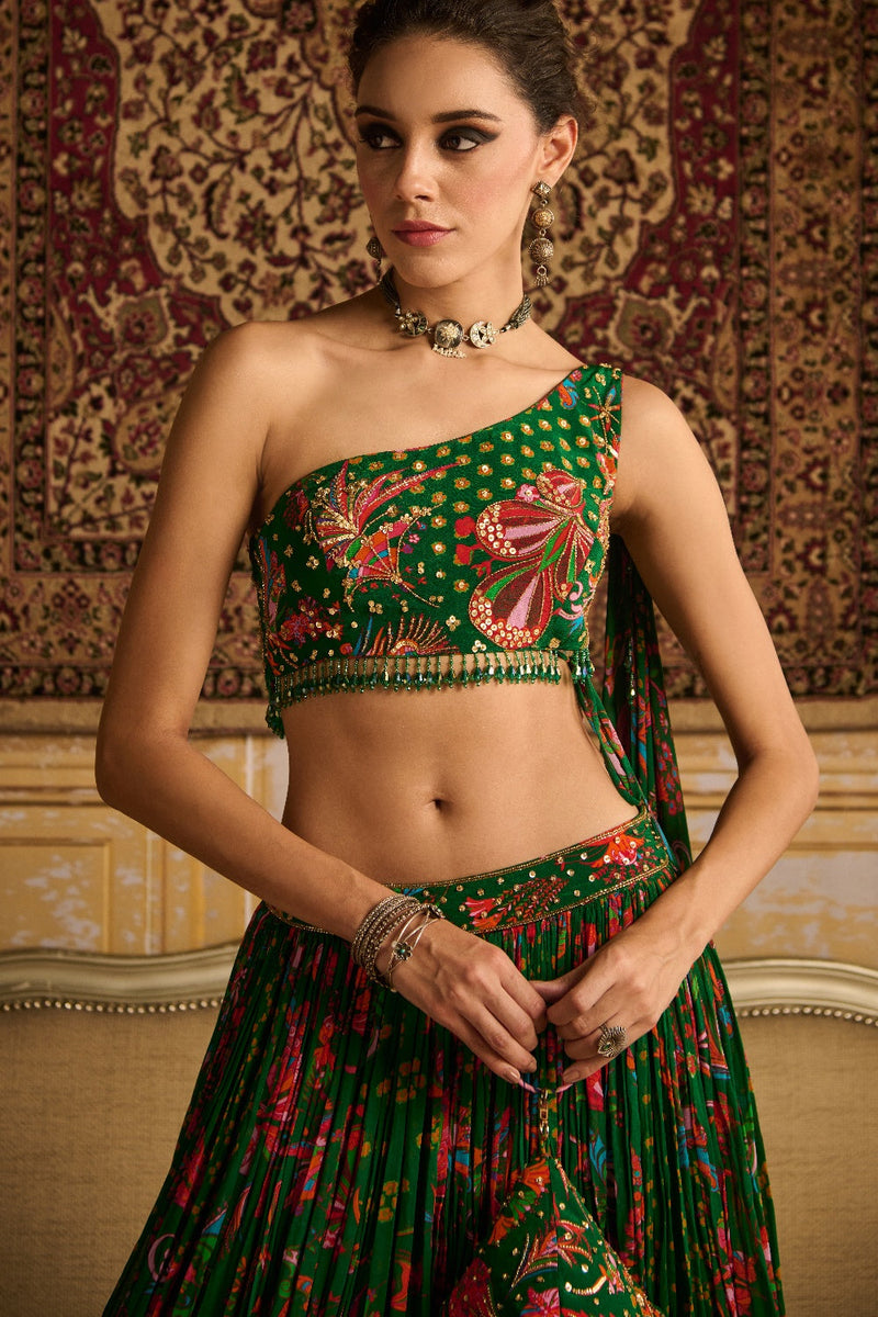 Dark Green Embroidered Blouse And Lehenga Set