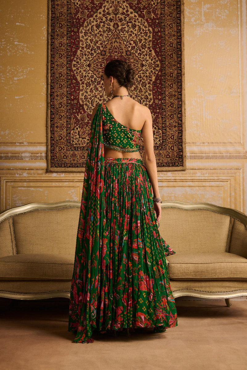 Dark Green Embroidered Blouse And Lehenga Set