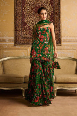 Dark Green Embroidered Kurti And Gharara Set