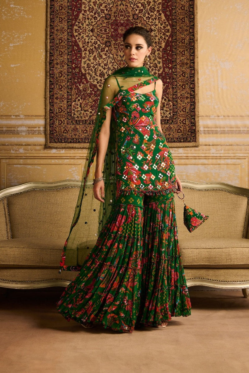 Dark Green Embroidered Kurti And Gharara Set