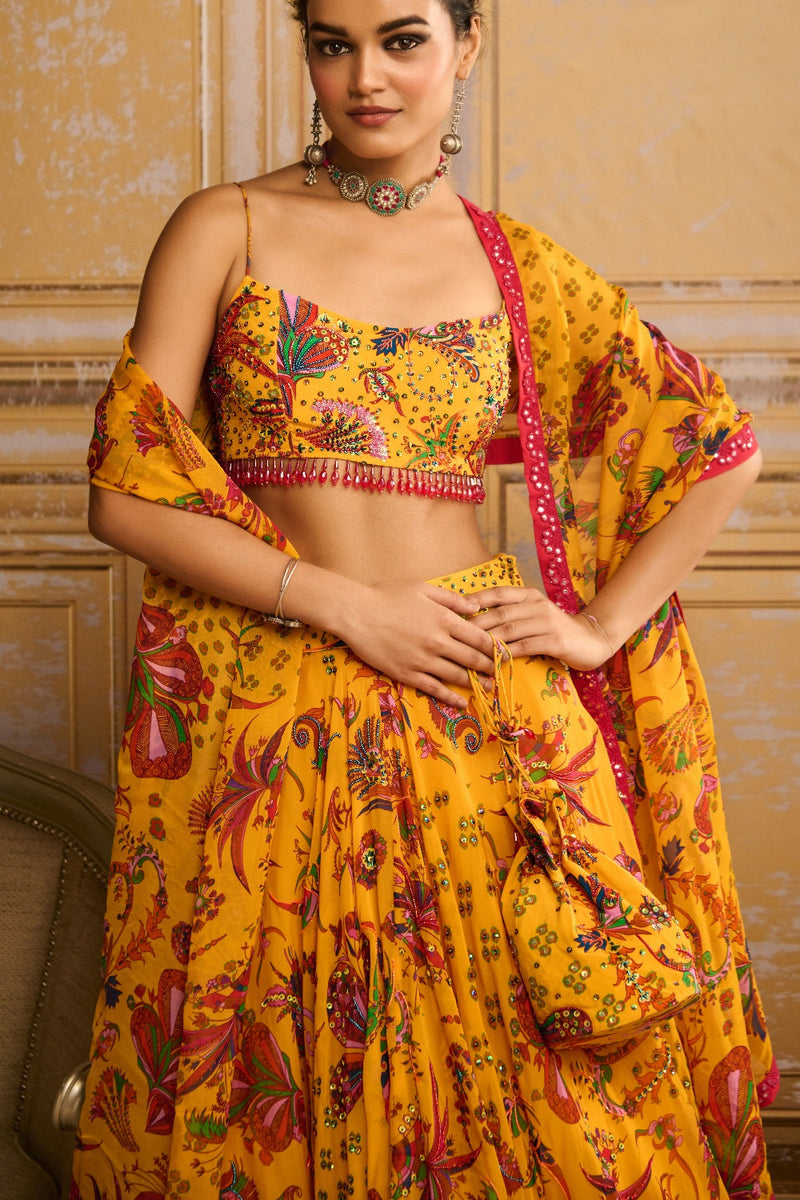 Yellow Highlighted Blouse And  Highlighted Lehenga Set