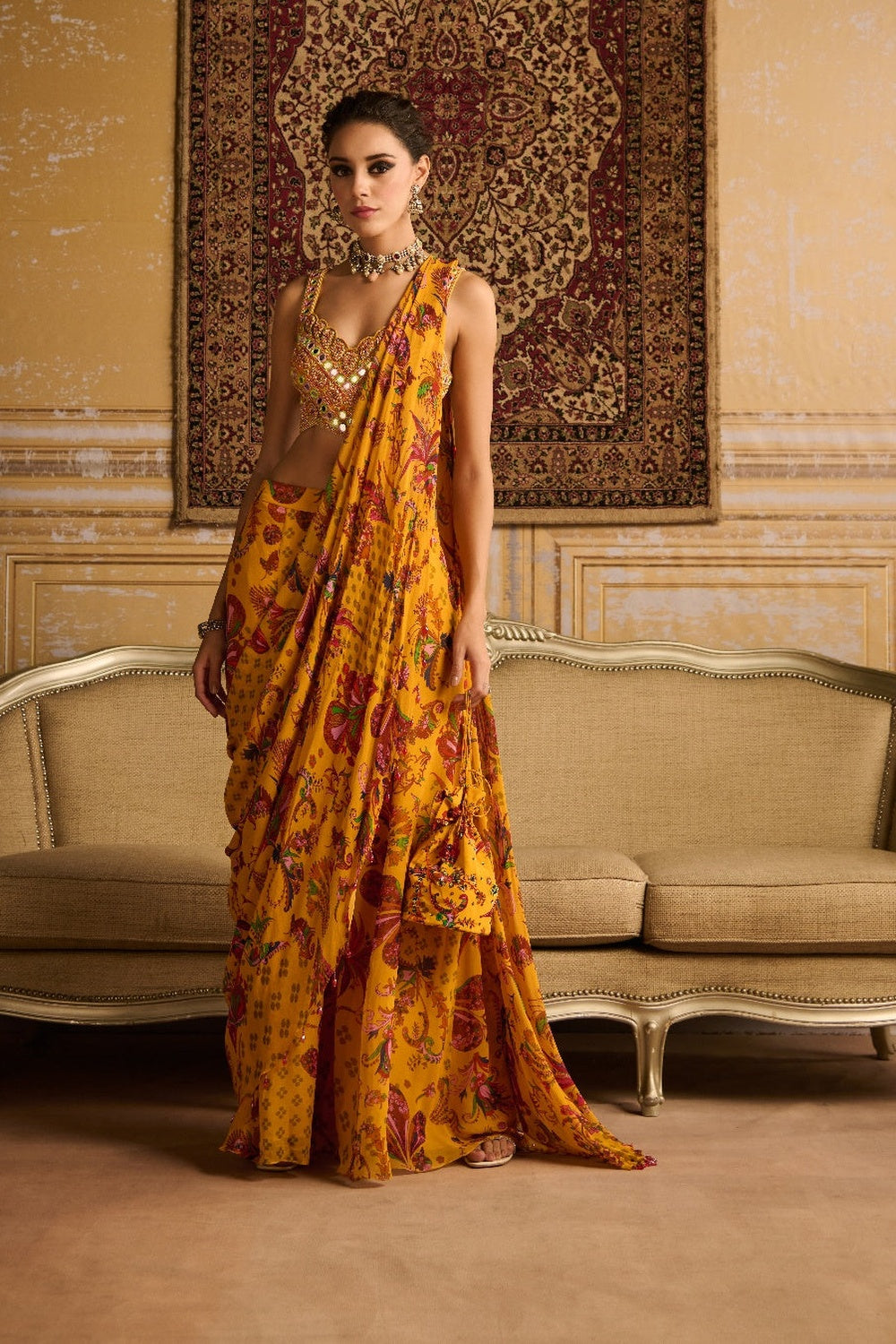 Yellow Embroidered Blouse And Sharara Saree Set