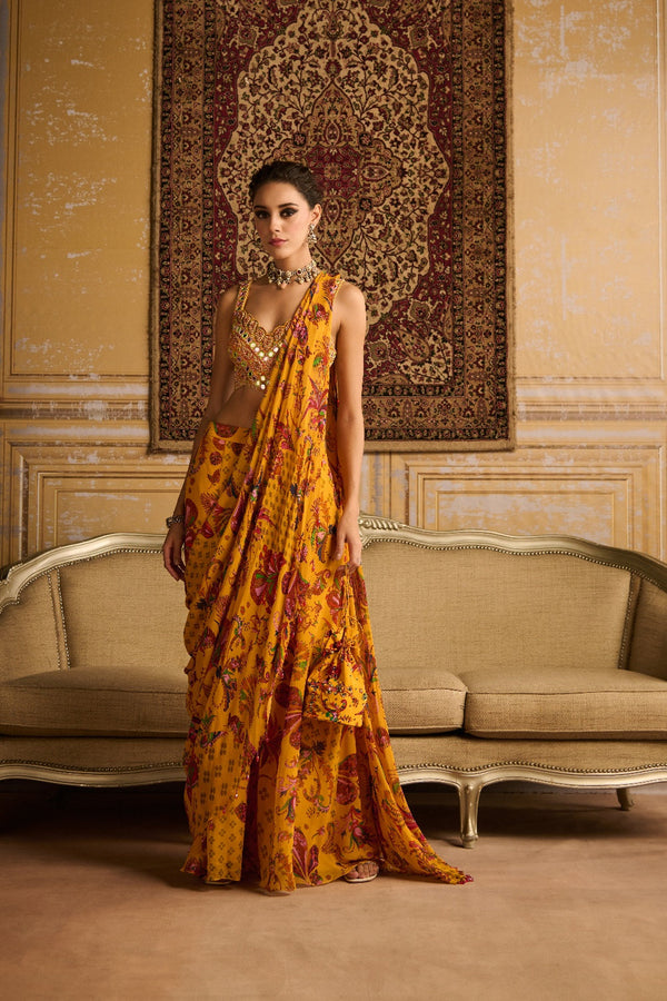 Yellow Embroidered Blouse And  Sharara Saree Set