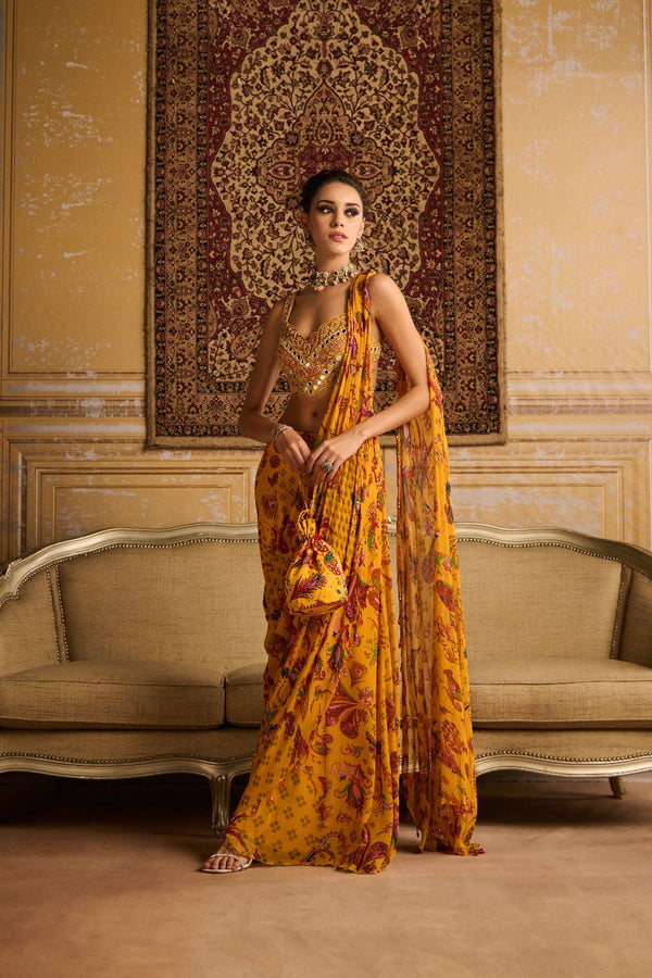 Yellow Embroidered Blouse And  Sharara Saree Set