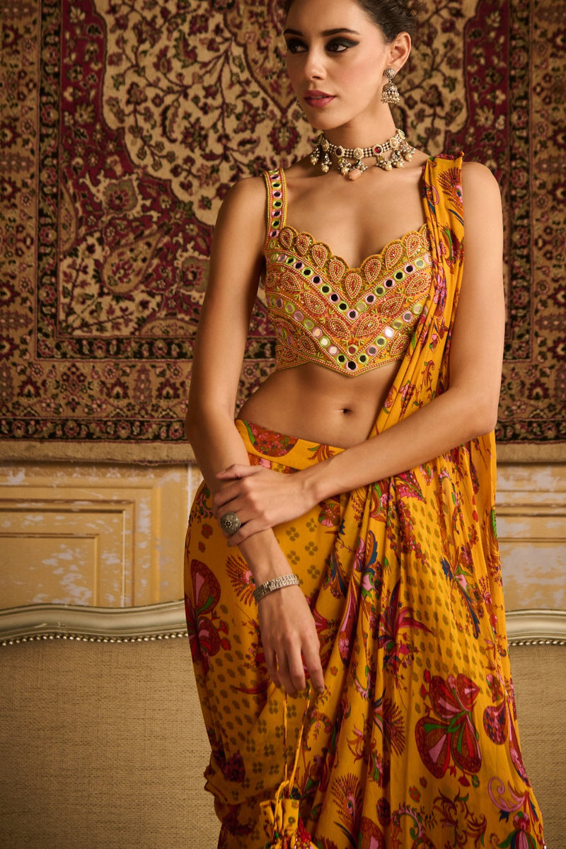 Yellow Embroidered Blouse And  Sharara Saree Set