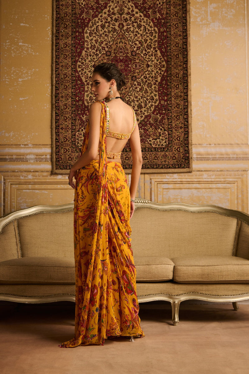 Yellow Embroidered Blouse And  Sharara Saree Set