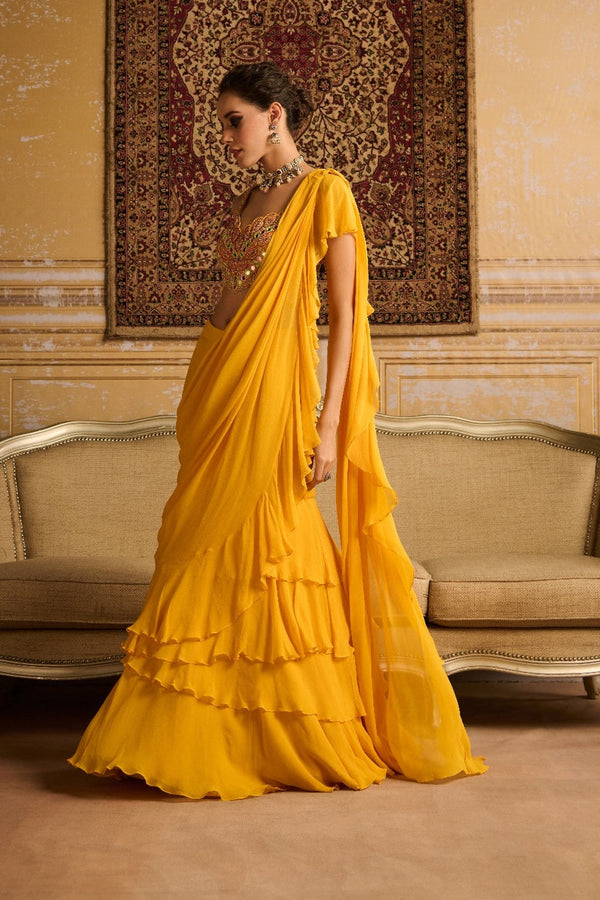 Yellow Embroidered Blouse And  Skirt Saree Set