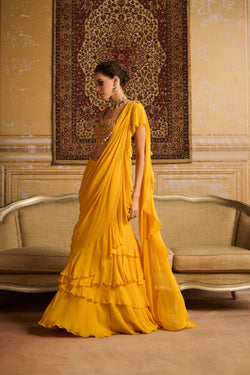 Yellow Embroidered Blouse And  Skirt Saree Set