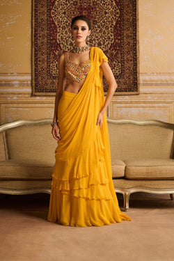 Yellow Embroidered Blouse And  Skirt Saree Set