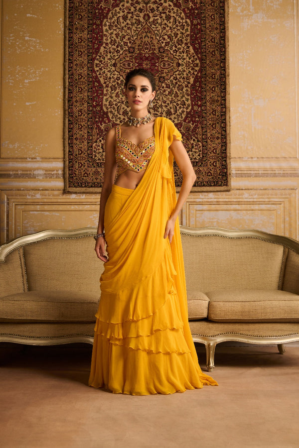 Yellow Embroidered Blouse And  Skirt Saree Set