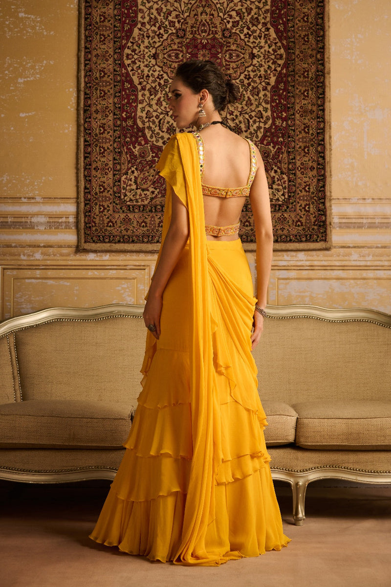 Yellow Embroidered Blouse And  Skirt Saree Set