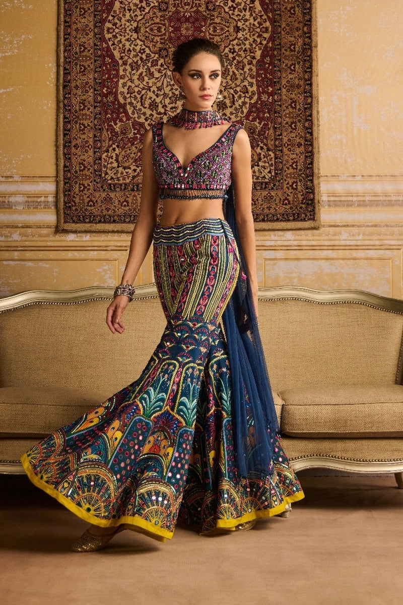 Teal Embroidered Blouse And  Sharara Set