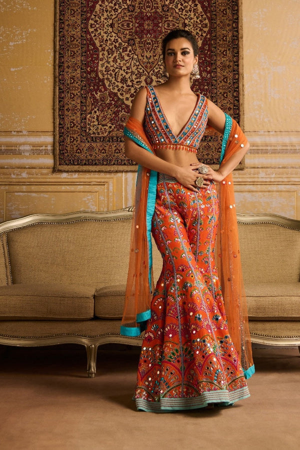 Orange Embroidered Blouse And  Sharara Set