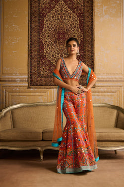 Orange Embroidered Blouse And  Sharara Set