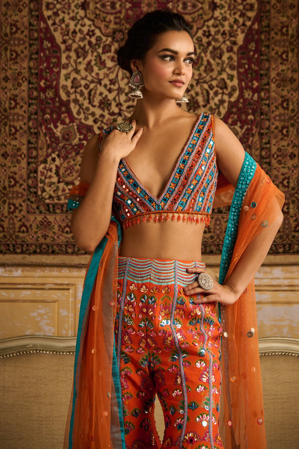 Orange Embroidered Blouse And  Sharara Set