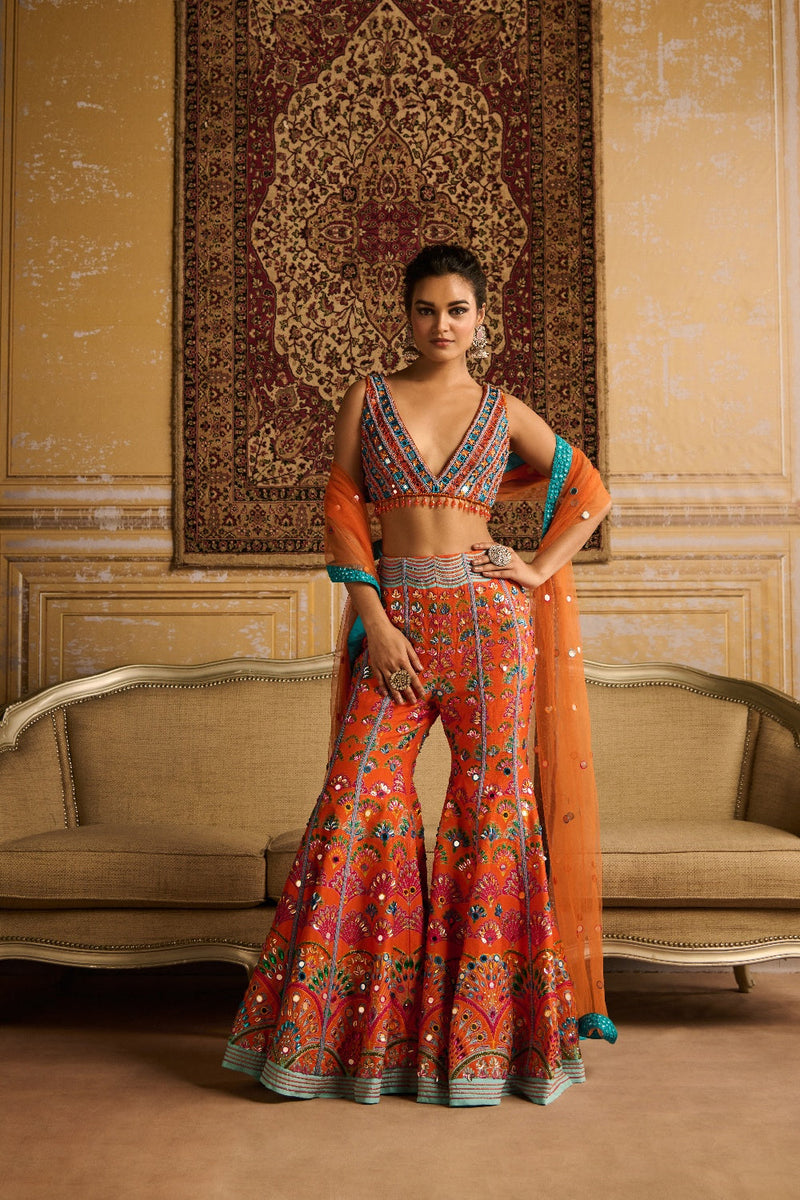 Orange Embroidered Blouse And  Sharara Set