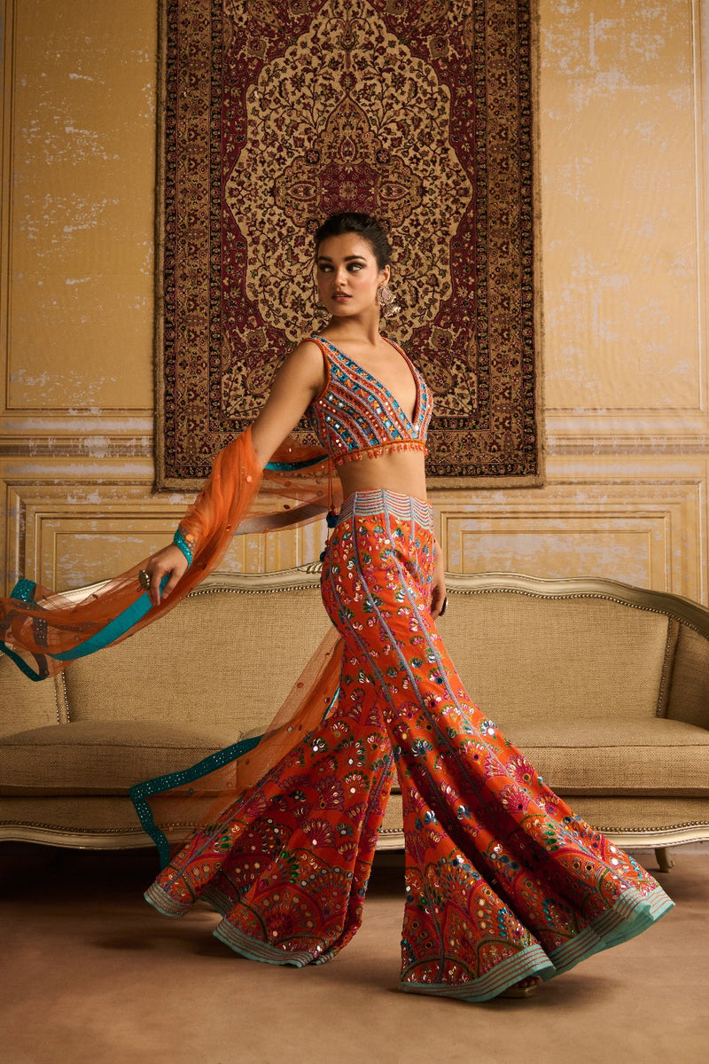 Orange Embroidered Blouse And  Sharara Set