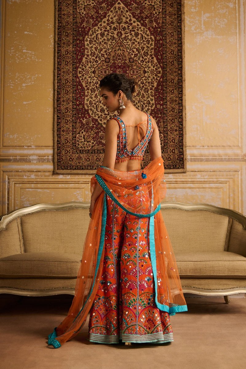 Orange Embroidered Blouse And  Sharara Set