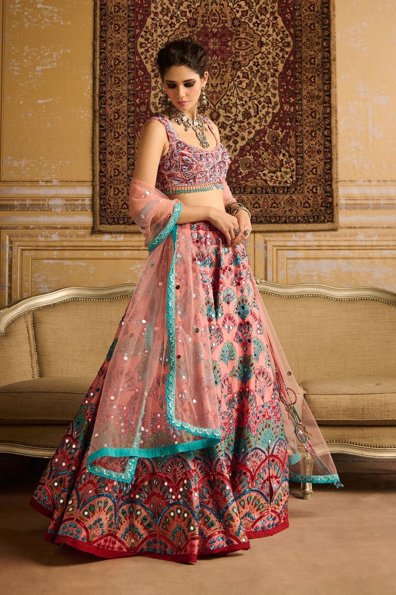 Peach Embroidered Blouse And Lehenga Set