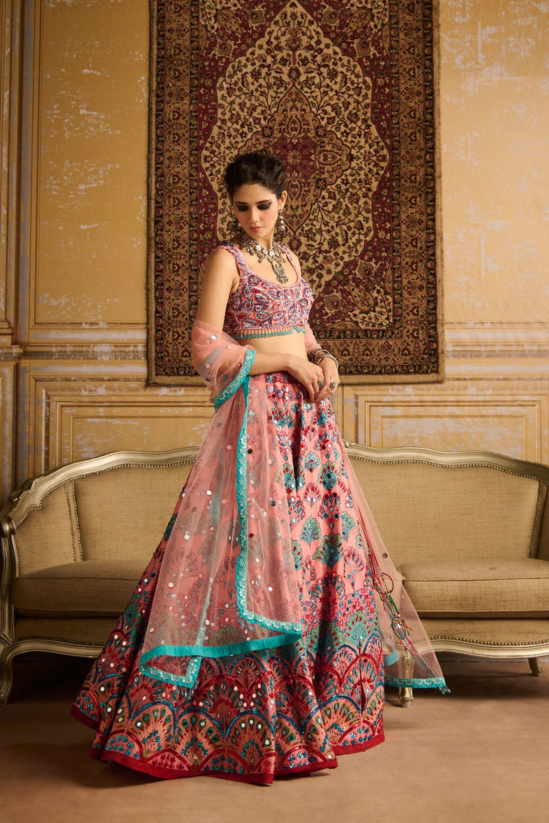 Peach Embroidered Blouse And Lehenga Set