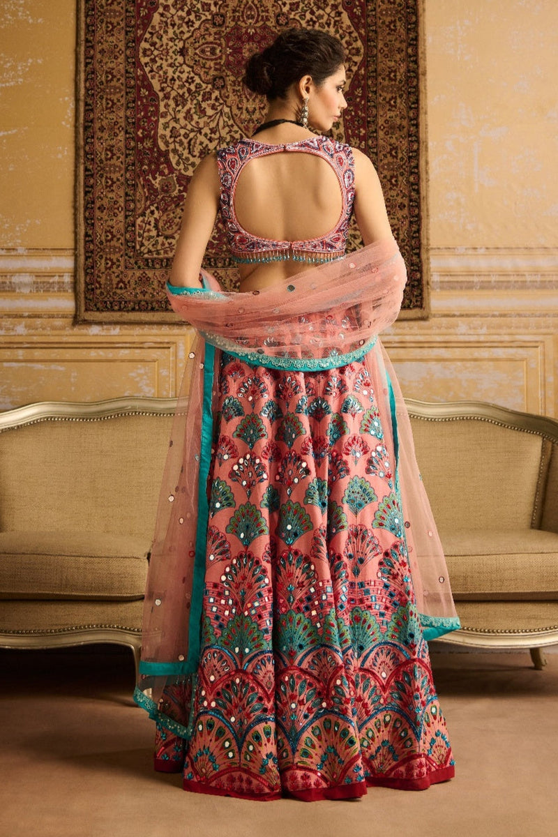 Peach Embroidered Blouse And Lehenga Set