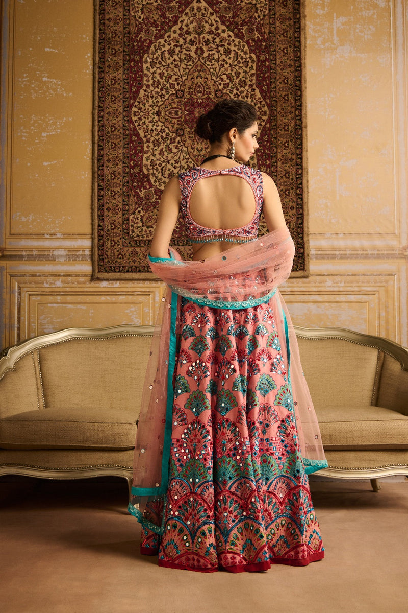 Peach Embroidered Blouse And Lehenga Set